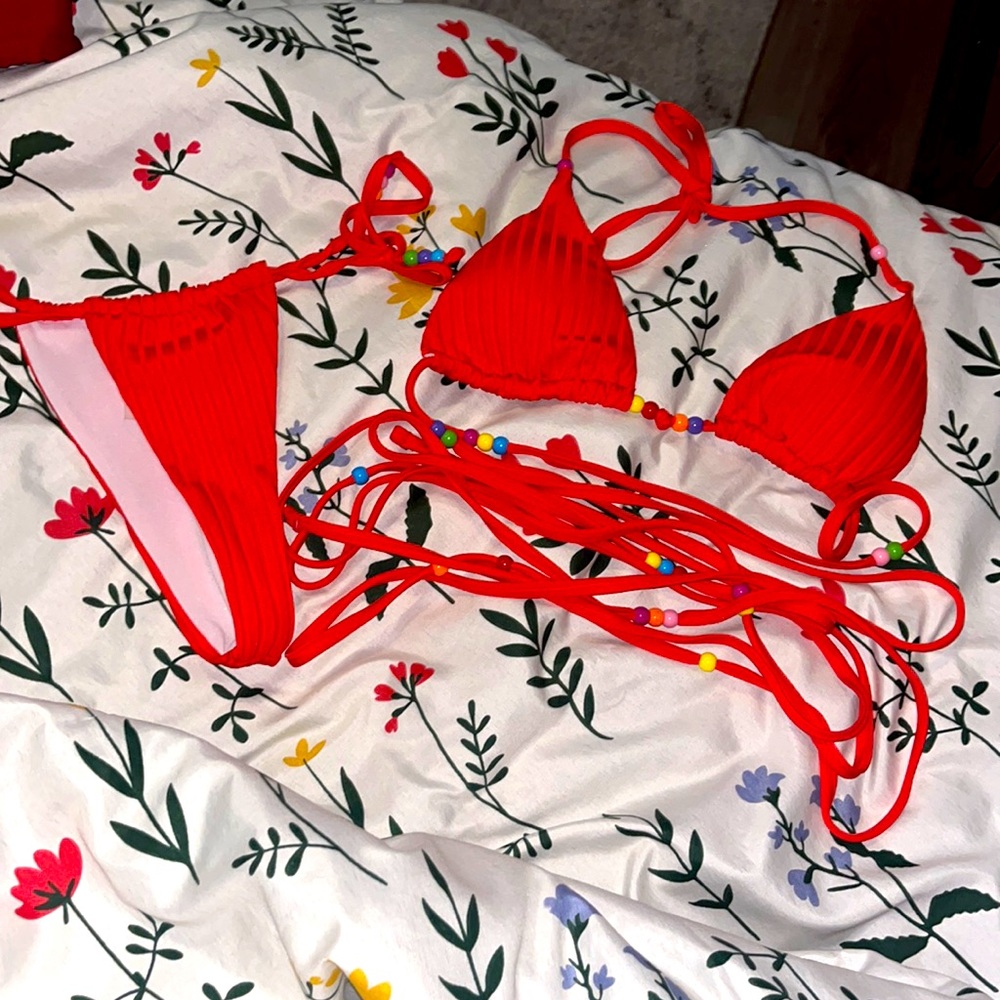 Bright red small beaded bikini